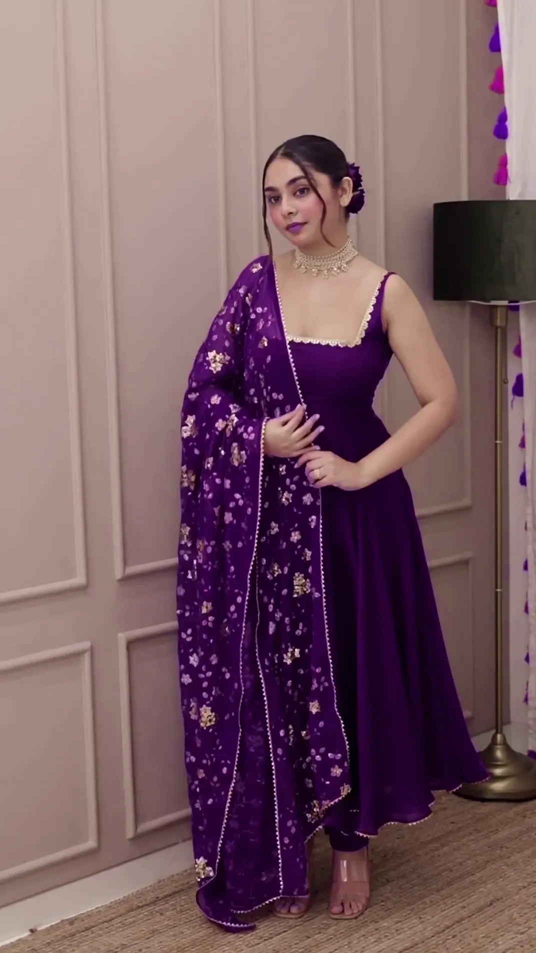 heavy purple anarkali set with embroidered dupatta