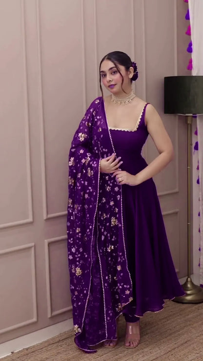 heavy purple anarkali set with embroidered dupatta