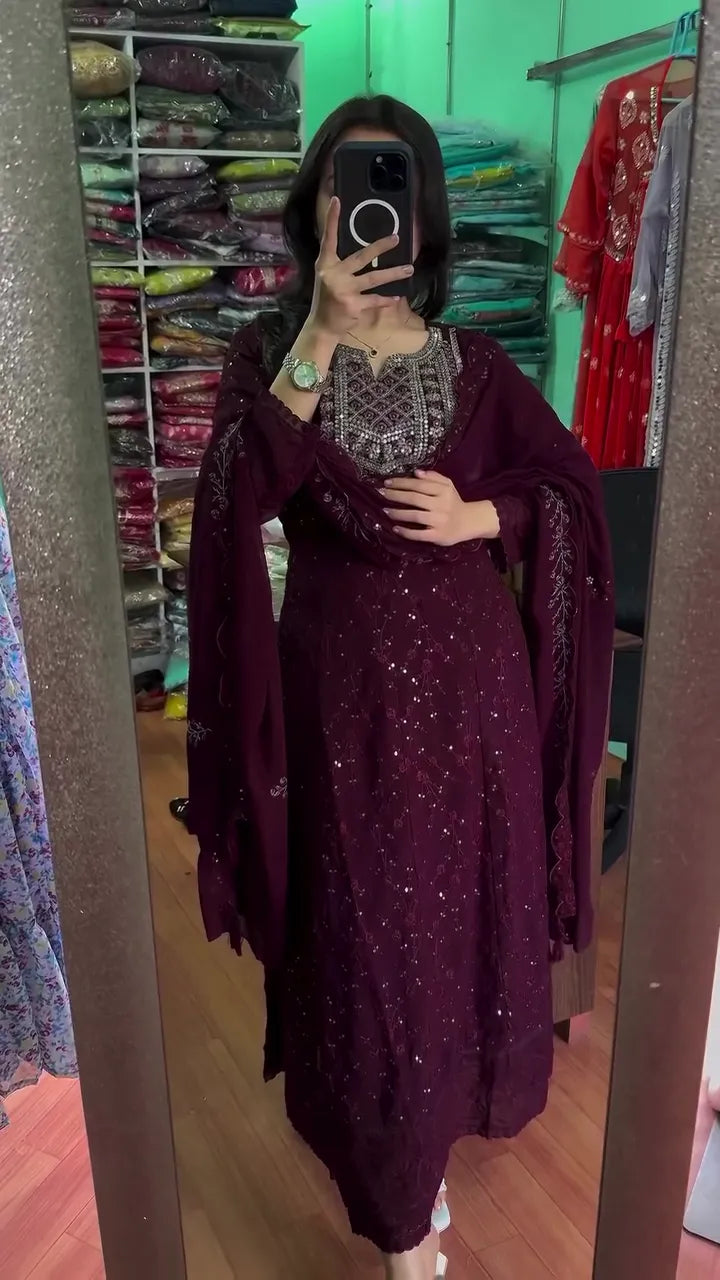 Red Sequin Embellished Kurta Palazzo Set
