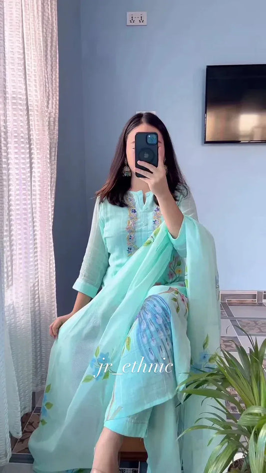 Light Blue Embroidered Kurta Set with Colorful Floral Motifs and Coordinated ZZZDupatta, Perfect for Festive and Casual Occasions