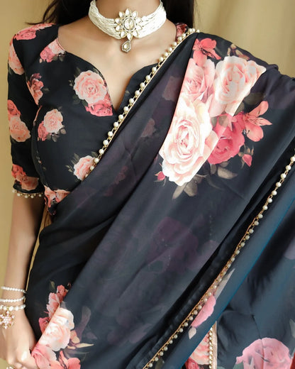 Elegance Redefined Georgette Printed Saree with Pearl Lace