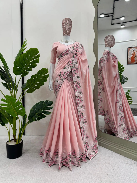 Roman Silk Saree with Elegant Thread Work & Paiping Details
