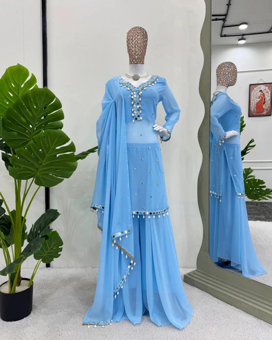 Radiant Elegance: Mirror Work Georgette Kurti, Plazzo Set