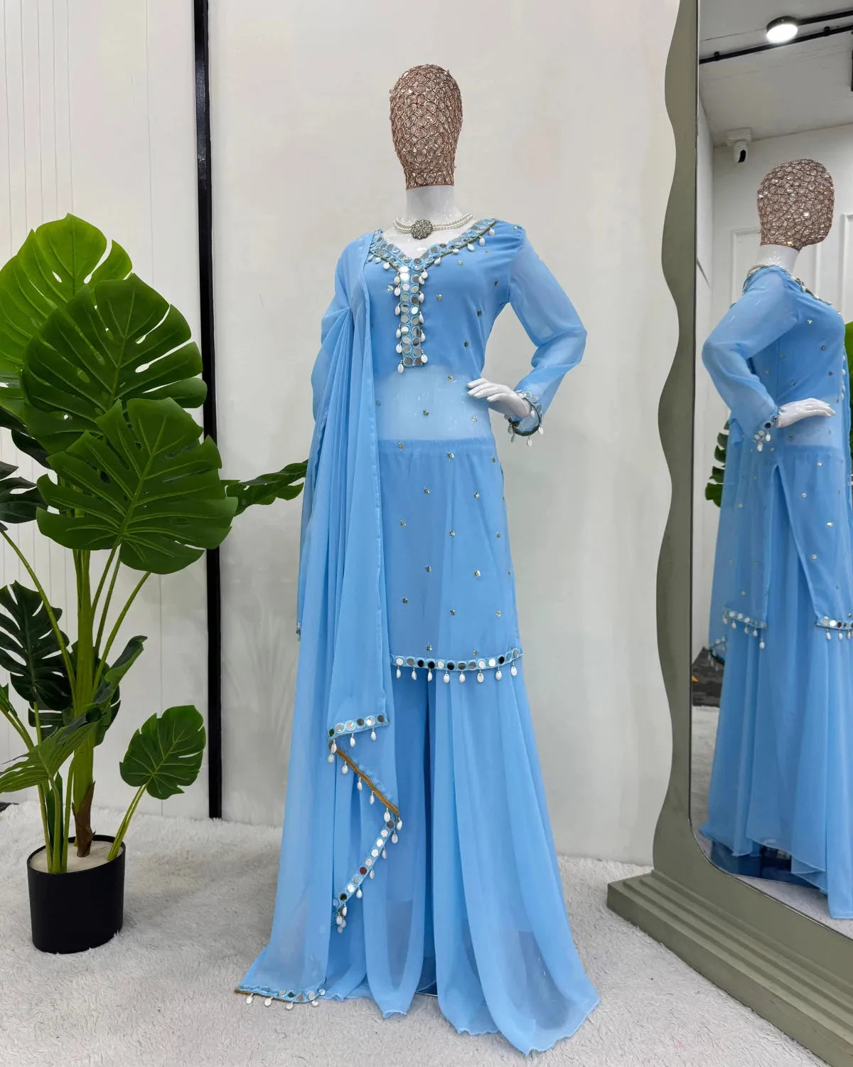Radiant Elegance: Mirror Work Georgette Kurti, Plazzo Set