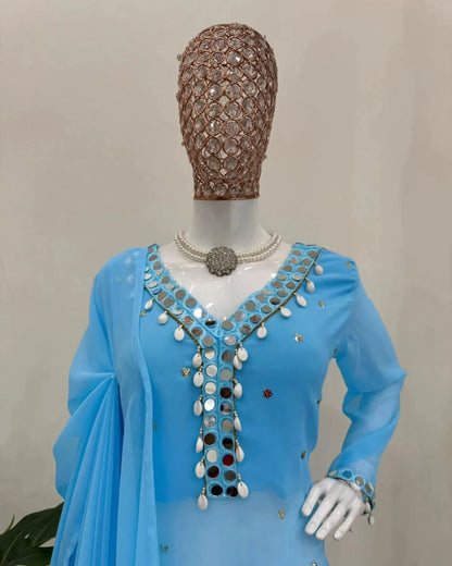 Radiant Elegance: Mirror Work Georgette Kurti, Plazzo Set