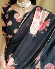 Elegance Redefined Georgette Printed Saree with Pearl Lace