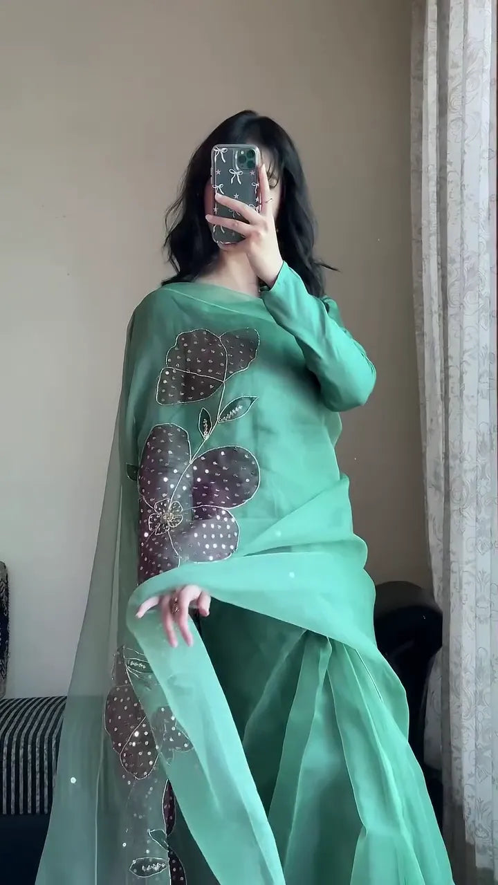 Pastel Green Organza Saree with Hand-Embroidered Floral Motif and Full-Sleeve Blouse – Lightweight Festive Wear for Women